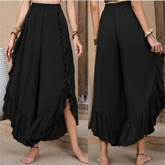 Ruffle Hem Wide Leg Pants black - Picture 4 of 8